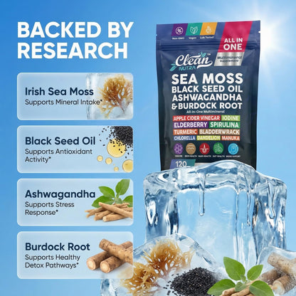 Clean Nutraceuticals Sea Moss Black Seed Oil Ashwagandha Turmeric Bladderwrack Burdock & Vitamin C Vitamin D3 with Elderberry Manuka Dandelion Yellow Dock Iodine Chlorophyll ACV