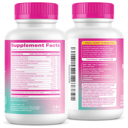 Pink Stork Total Postnatal Vitamins for Women, 60 Capsules, Berry | No Fishy Burps, Vegan Algae DHA, Methylated Folate, Iron, Postpartum Recovery + Lactation Support, Clean Label Award Winner