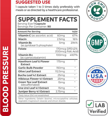Blood Pressure Support Supplement (NON-GMO) Premium Natural Herbs, Vitamins & Berries - High Dosage of Hawthorn Berry Extract – Supports Blood Pressure Levels Already In The Normal Range – 90 Capsules