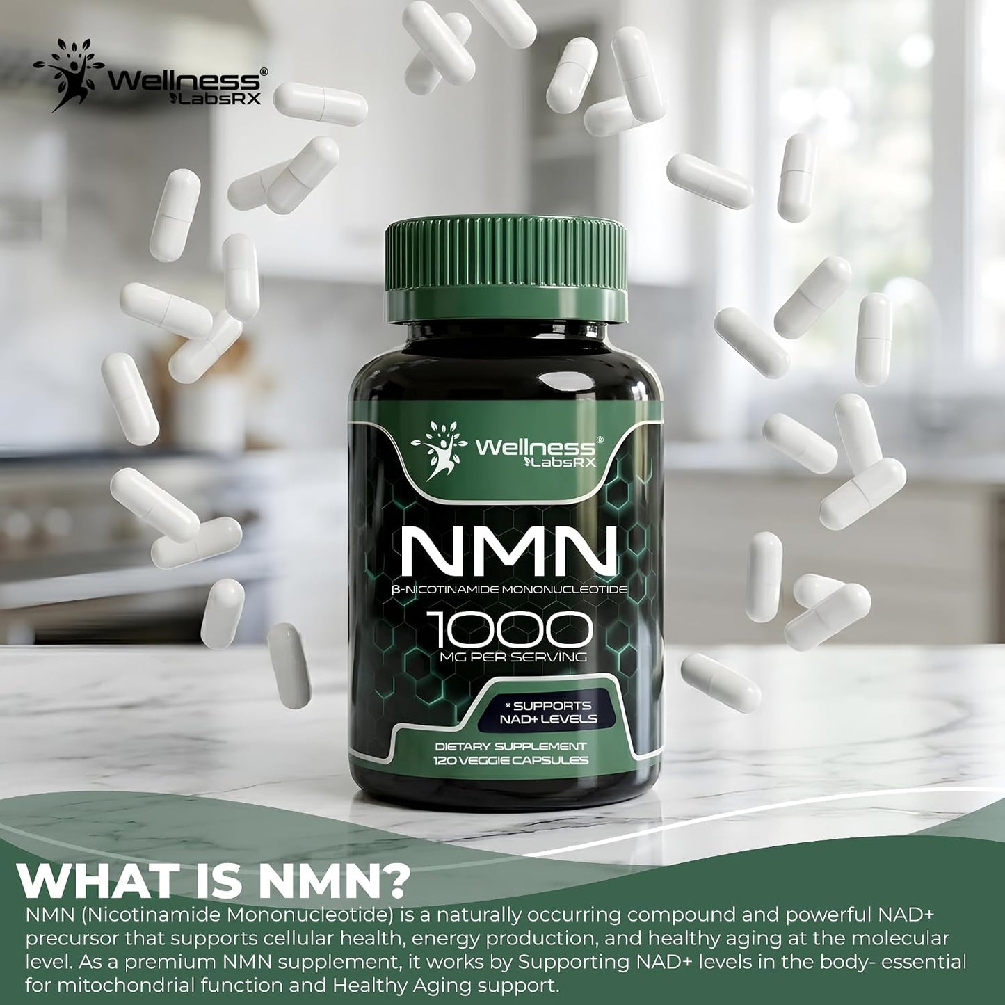 NMN Supplement 1000mg Pure Organic Nicotinamide Mononucleotide - NMN NAD Supplement for Anti-Aging, Longevity, Cellular, and Energy Supplements – Suitable for Women and Men Energy Support - 120 Count