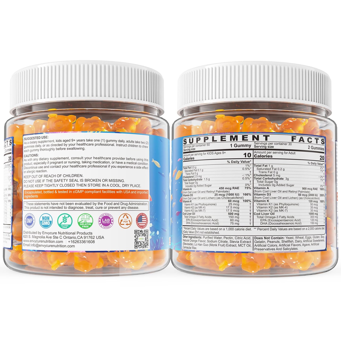 Cod Liver Oil Gummies 1000mg for Kids & Adults - w/Omega 3 (EPA & DHA), Vitamins A, D3 & K2 - Cod Liver Oil Omega 3 Gummies for Immune, Brain & Cognitive Support, SugarFree, Orange Flavor, 120Cts