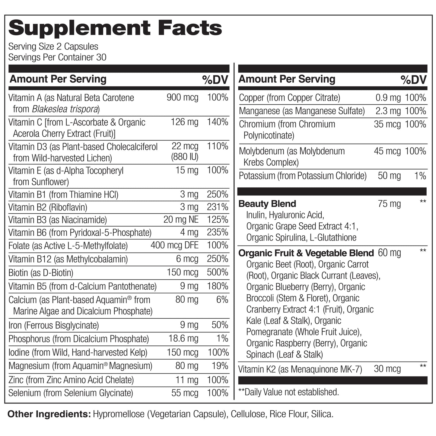 NATURELO Whole Food Multivitamin with Extra Hair, Skin and Nails Support - Beauty Blend with Hyaluronic Acid & Grape Seed - High Potency Biotin, Vitamin C, and Glutathione - 60 Vegan Capsules
