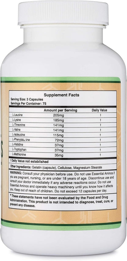 Essential Amino Acids - 1 Gram Per Serving Powder Blend of All 9 Essential Aminos (EAA) and All Branched-Chain Aminos (BCAAs) (Leucine, Isoleucine, Valine) 225 Capsules, Gluten Free by Double Wood