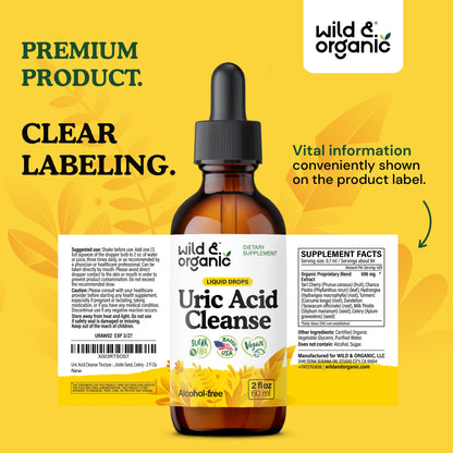 Wild & Organic Uric Acid Cleanse Liquid Drops - Tart Cherry, Turmeric, Celery, Chanca Piedra, Dandelion Root Extract Complex - Uric Acid Supplement - Vegan, Sugar & Alcohol-Free Tincture - 4 fl oz