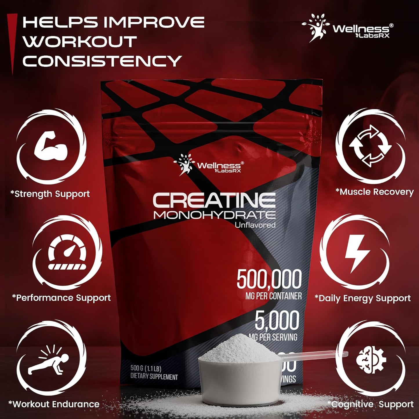 WELLNESS LABSRX Creatine Monohydrate Powder 500g – 100 Servings Micronized Creatine Powder Supplement, Unflavored Creatine for Women and Men, Supports Muscle Strength, Energy, Endurance and Workout