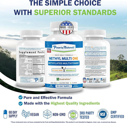 Power By Naturals Methyl Multi One – Iron-Free Methylated Multivitamin with 5-MTHF, Methyl B12 & CoQ10 – Methylation Support for Men & Women – Vegan, Non-GMO – 60 Capsules (2-Month Supply) | With 5-MTHF, Methyl B12 & CoQ10 - Methylation Daily Support for