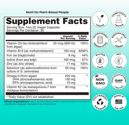 wholier Multi for Plant Based People Vegan DHA Omega 3 B12 Iron 60 Capsules