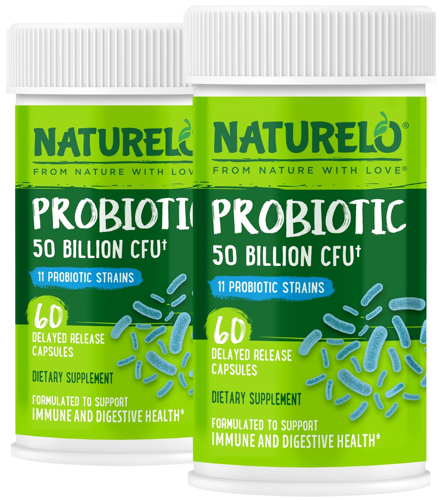NATURELO Probiotics for Digestive Health, 50 Billion CFU, 60 Vegetarian Capsules, 11 Strains, Daily Use Supplement, Delayed Release, No-Fridge, Boosts Immune System, Probiotics for Women & Men