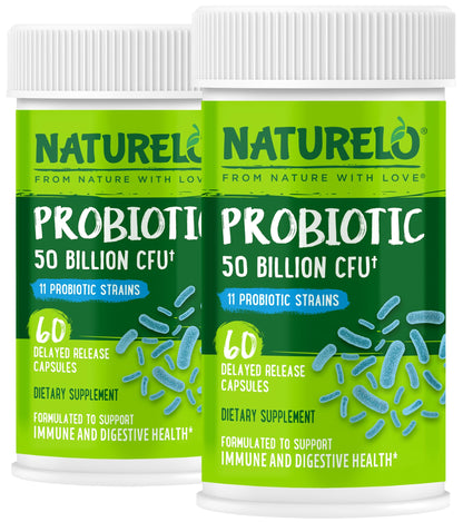 NATURELO Probiotics for Digestive Health, 50 Billion CFU, 60 Vegetarian Capsules, 11 Strains, Daily Use Supplement, Delayed Release, No-Fridge, Boosts Immune System, Probiotics for Women & Men