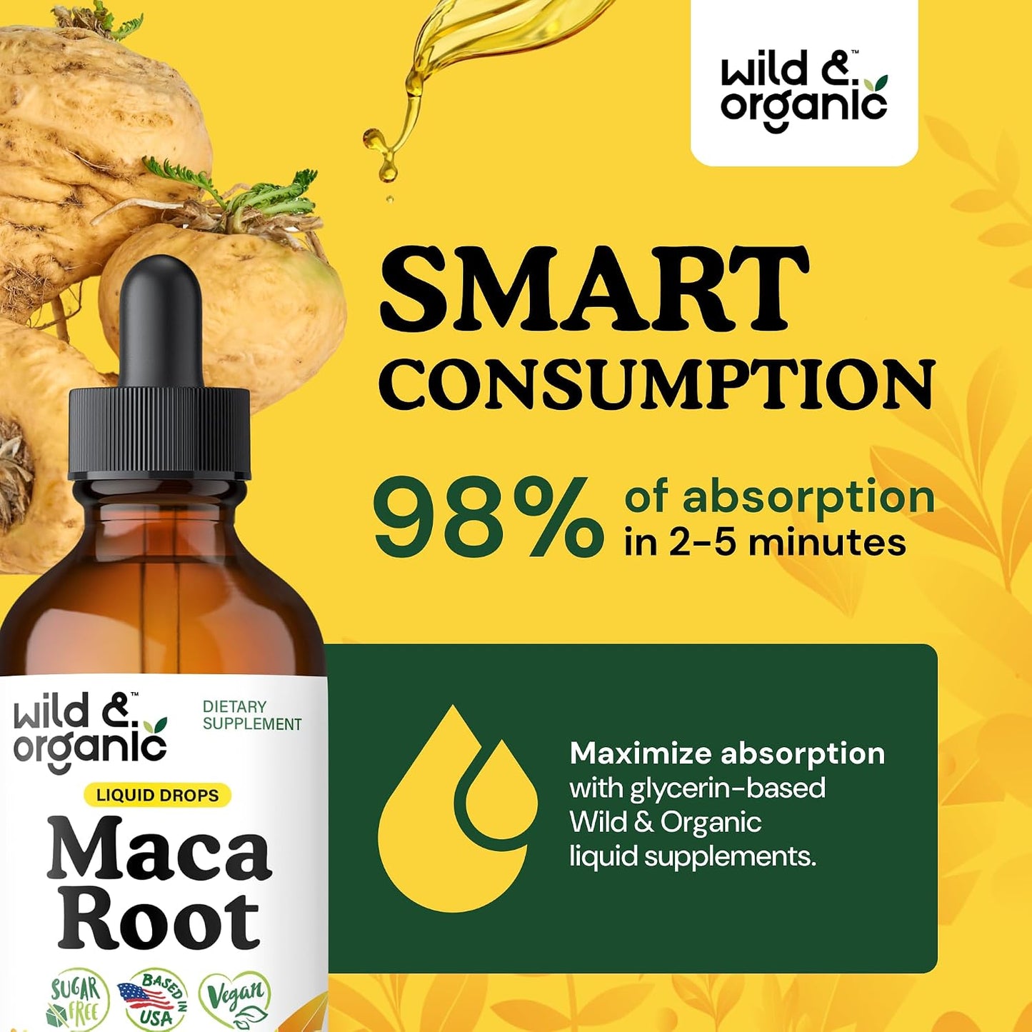 Wild & Organic Maca Root Liquid Drops for Men & Women - Peruvian Maca Tincture for Overall Support - Vegan, Sugar & Alcohol-Free Supplement - 4 fl oz