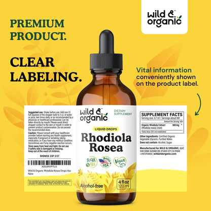 Wild & Organic Rhodiola Rosea Tincture - Rhodiola Rosea Supplement for Mood Support - Relaxing Root Extract Liquid Drops - Vegan, Sugar & Alcohol-Free - 4 fl oz