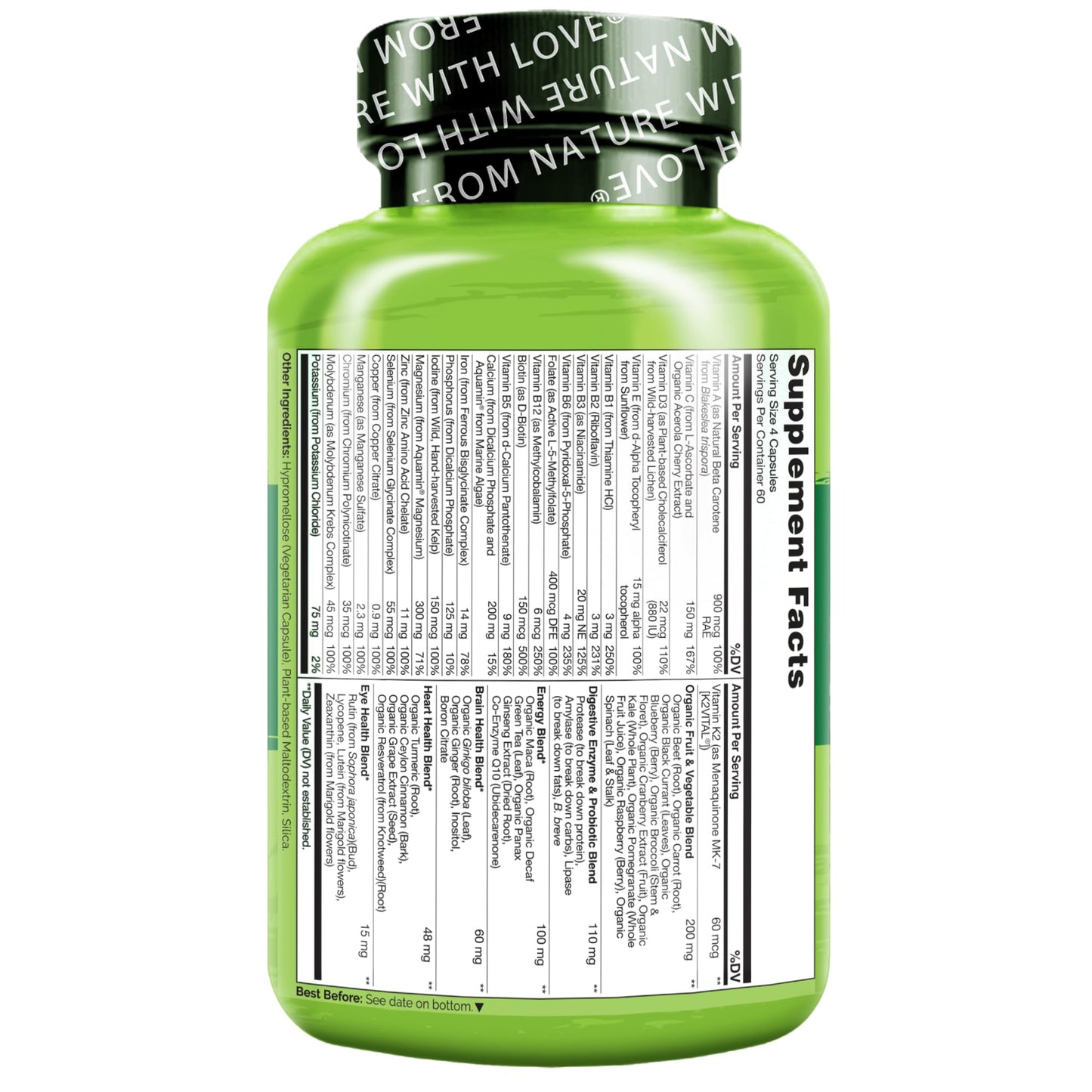 NATURELO Whole Food Multivitamin for Women - with Vitamins, Minerals, & Organic Extracts - Supplement for Energy and Heart Health - Non GMO - 120 Vegan Capsules