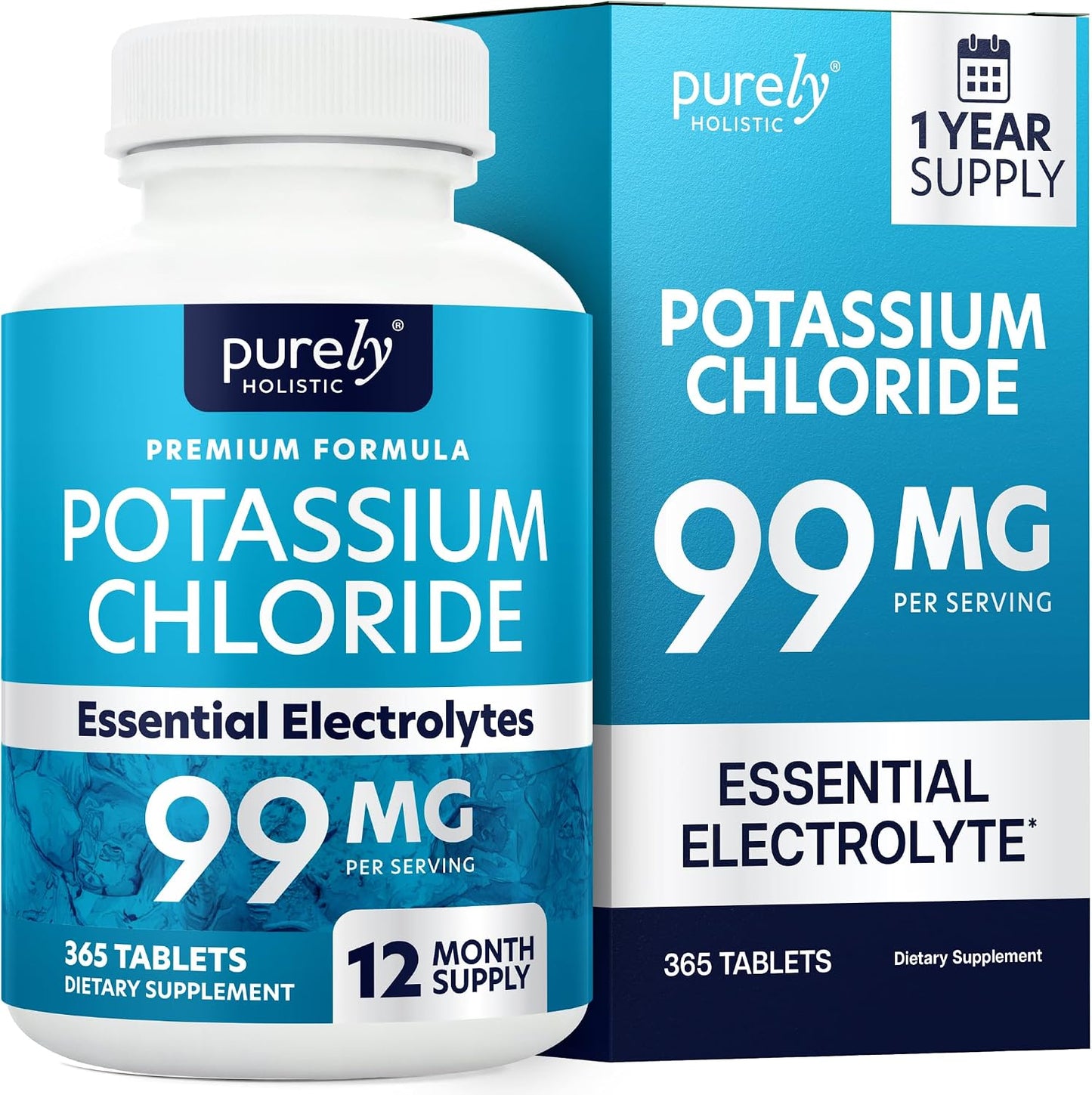 Potassium Chloride Supplement, 1 Year Supply, Heart Health & Fluid Support | With Potassium 99mg Per Serving for Circulatory Health Electrolyte & Fluid Balance Support, Gentle on Digestion, 365 Tablets