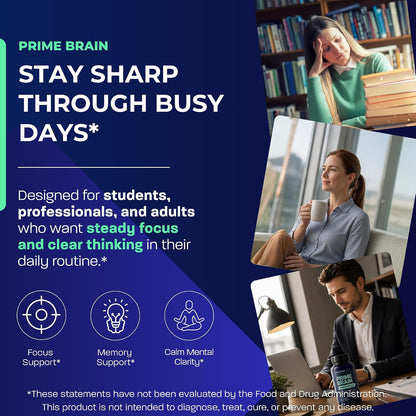BONE SCIENCE Prime Brain Memory & Focus Support Supplement for Adults, Alpha GPC, Ginkgo Biloba, L-Theanine, Rhodiola, L-Tyrosine & Guarana, Cognitive Support Formula, 60 Capsules
