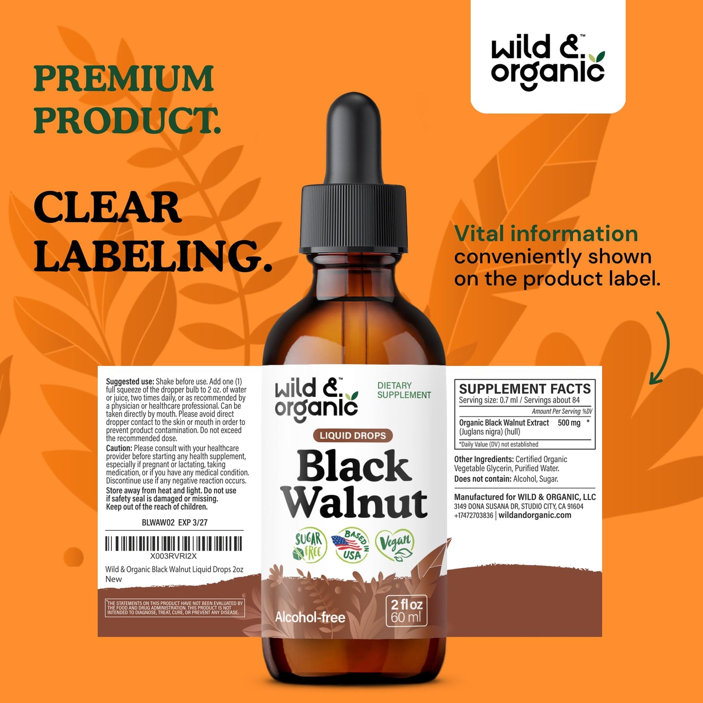 Wild & Organic Black Walnut Hull Tincture - Cleanse & Gut Support - Black Walnut Extract Supplement - Fast Absorption Liquid Drops - Add to Tea & Mix with Powder - Without Alcohol & Sugar - 4 fl oz