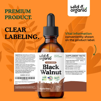 Wild & Organic Black Walnut Hull Tincture - Cleanse & Gut Support - Black Walnut Extract Supplement - Fast Absorption Liquid Drops - Add to Tea & Mix with Powder - Without Alcohol & Sugar - 4 fl oz