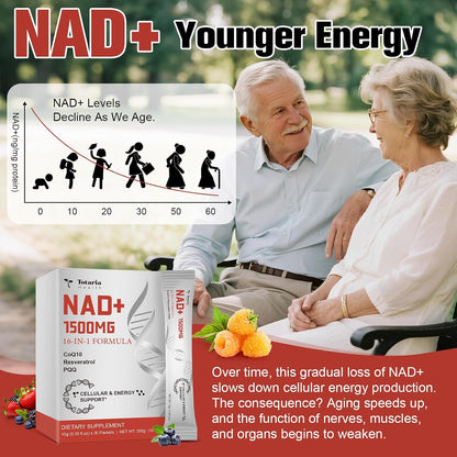 Totaria 16-in-1 NAD Liquid Supplement 1500mg for Men & Women, Extra Strength NAD+ with NMN Precursor, Resveratrol, PQQ, CoQ10, Supports Anti Aging, Energy, Immune, Focus (30 Packets) 1 Months Supply