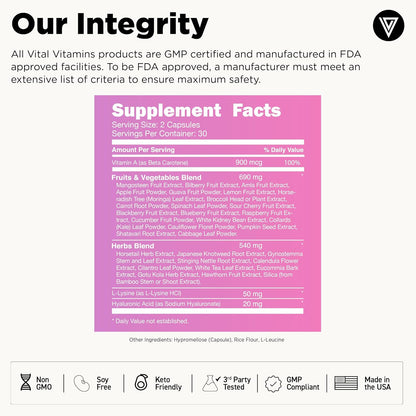 Vital Vitamins Vegan Collagen Booster Supplements, 60 Capsules | Supports Skin, Hair, Nails & Joints, Formulated with 30+ Superfoods, Hyaluronic Acid, Silica & Vitamin A, Non-GMO