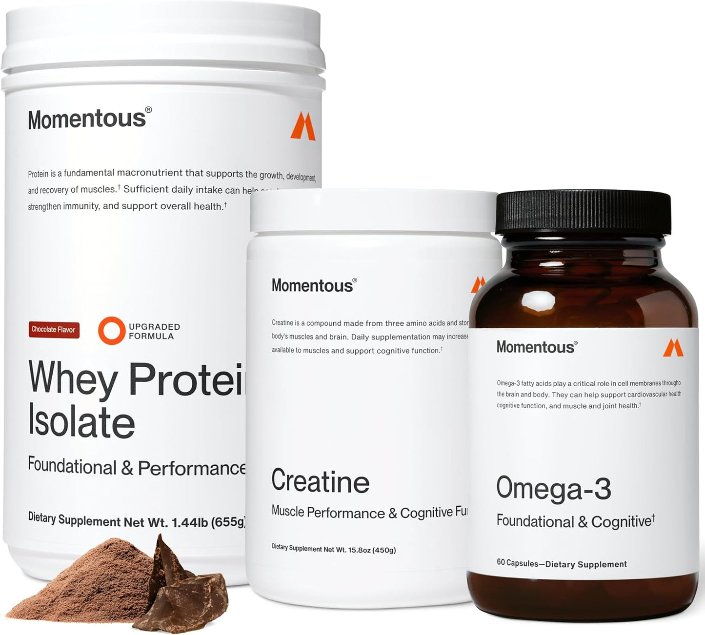 Momentous Three - Creatine Monohydrate Powder (90 Servings), Grass-Fed Whey Protein Powder (Chocolate) & Omega-3 Fish Oil 1600mg - Daily Essentials for Strength, Performance & Lean Muscle Recovery