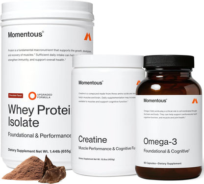 Momentous Three - Creatine Monohydrate Powder (90 Servings), Grass-Fed Whey Protein Powder (Chocolate) & Omega-3 Fish Oil 1600mg - Daily Essentials for Strength, Performance & Lean Muscle Recovery