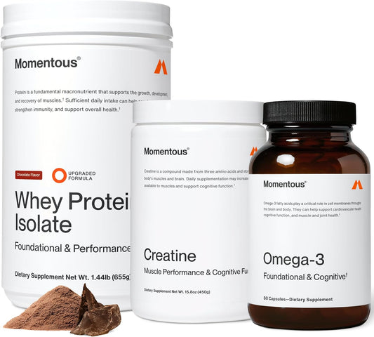 Momentous Three - Creatine Monohydrate Powder (90 Servings), Grass-Fed Whey Protein Powder (Chocolate) & Omega-3 Fish Oil 1600mg - Daily Essentials for Strength, Performance & Lean Muscle Recovery