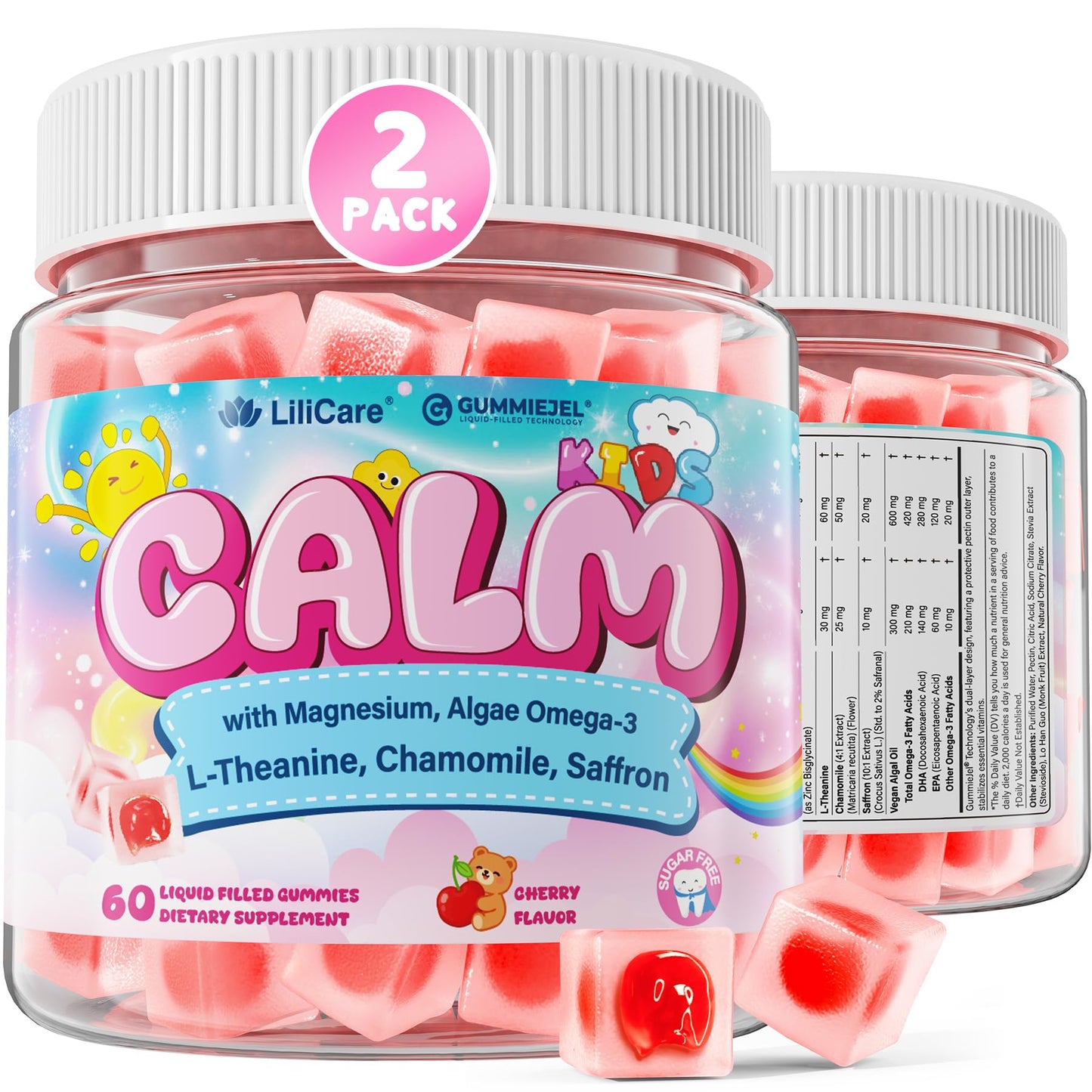 Kids Calm Magnesium Bisglycinate Saffron Gummies + Vegan Omega 3 - Magnesium Glycinate Chelated Supplement for Kids w/L-Theanine & Chamomile, Natural Calming Supplement Focus Gummies Sugar Free, 60ct