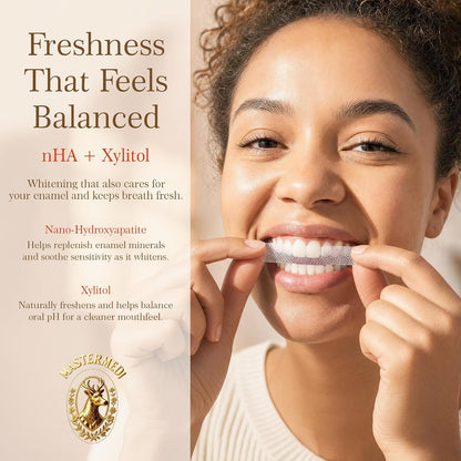 MasterMedi 3-in-1 Formula Teeth Whitening Strips Kit, 14 Strips (7 Treatments) with Pap, Nano Hydroxyapatite & Xylitol. Enamel Safe, Peroxide-Free, No-Slip Technology for Sensitive Teeth (Clean Mint)