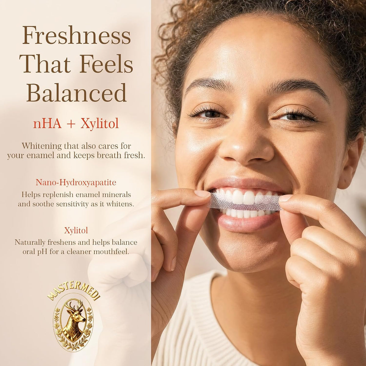 MasterMedi 3-in-1 Formula Teeth Whitening Strips Kit, 42 Strips (21 Treatments) with PAP, Nano Hydroxyapatite & Xylitol. Enamel Safe, Peroxide-Free, No-Slip Technology for Sensitive Teeth (Clean Mint)
