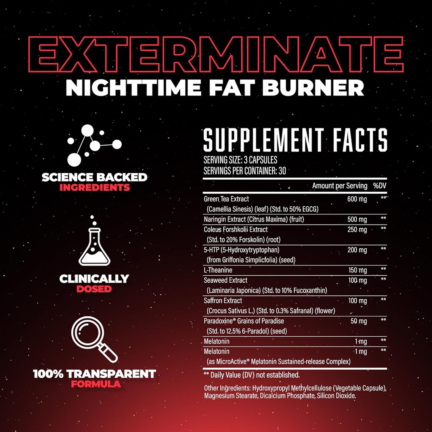 Exterminate Night Time Fat Burner & Sleep Support - Boost Metabolism, Reduce Cravings & Burn More Calories - 10 Proven Ingredients Forskolin, 5-HTP, Saffron, Paradoxine & Melatonin (100% Stim Free)