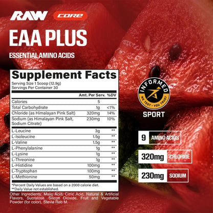 RAW EAA Plus, Amino Acids Powder, Watermelon Grape (30 Servings) - Pre Workout Amino Energy Powder for Advanced Endurance, Recovery & Lean Muscle Growth - BCAA Amino Acids Supplement for Men & Women