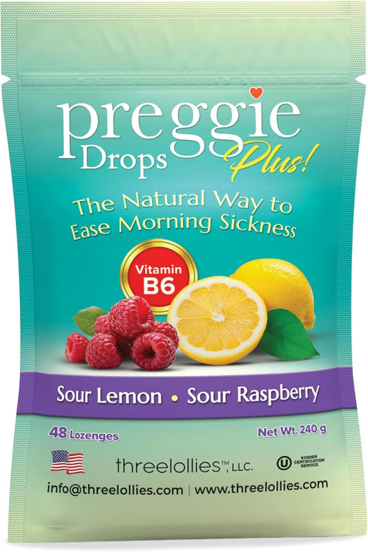 Three Lollies Preggie Drops Plus - 48 Lozenges - Ease Morning Sickness During Pregnancy, Natural, Sour Lozenges for Nausea With Vitamin B6, Sour Lemon & Raspberry Flavors
