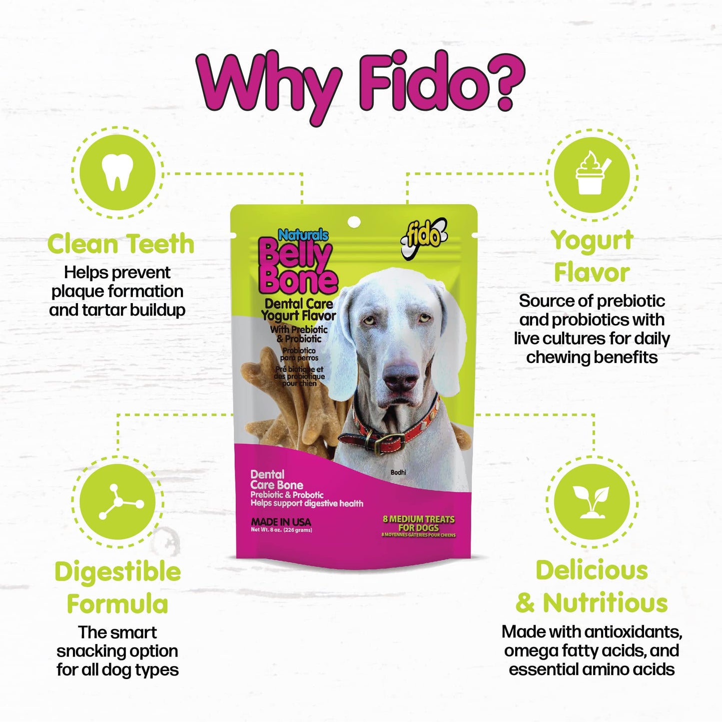 Fido Belly Bones for Dogs, Mini - 21 Count - Yogurt-Flavor Dental Treats for Small Dogs - Plaque & Tartar Control for Fresh Breath - Digestive Support - Made in USA