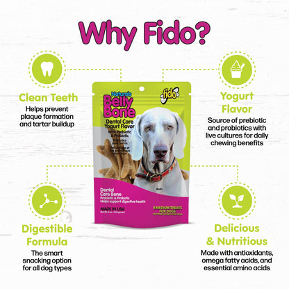 Fido Belly Bones for Dogs, Mini - 21 Count - Yogurt-Flavor Dental Treats for Small Dogs - Plaque & Tartar Control for Fresh Breath - Digestive Support - Made in USA