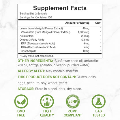 Lutein and Zeaxanthin Supplements, 40mg Per Serving, 300 Softgels – Plus Astaxanthin, Omega-3s, & Phospholipids – Non-GMO