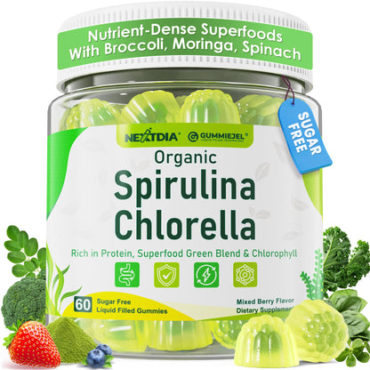 Organic Spirulina Chlorella Gummies + Super Greens, High in Vegan Protein & Chlorophyll, Green Algae + Broccoli，Moringa, Spinach, C, D3, Zinc, B12 for Energy, Gut, Immune, Antioxidant, No Sugar, 60Cts