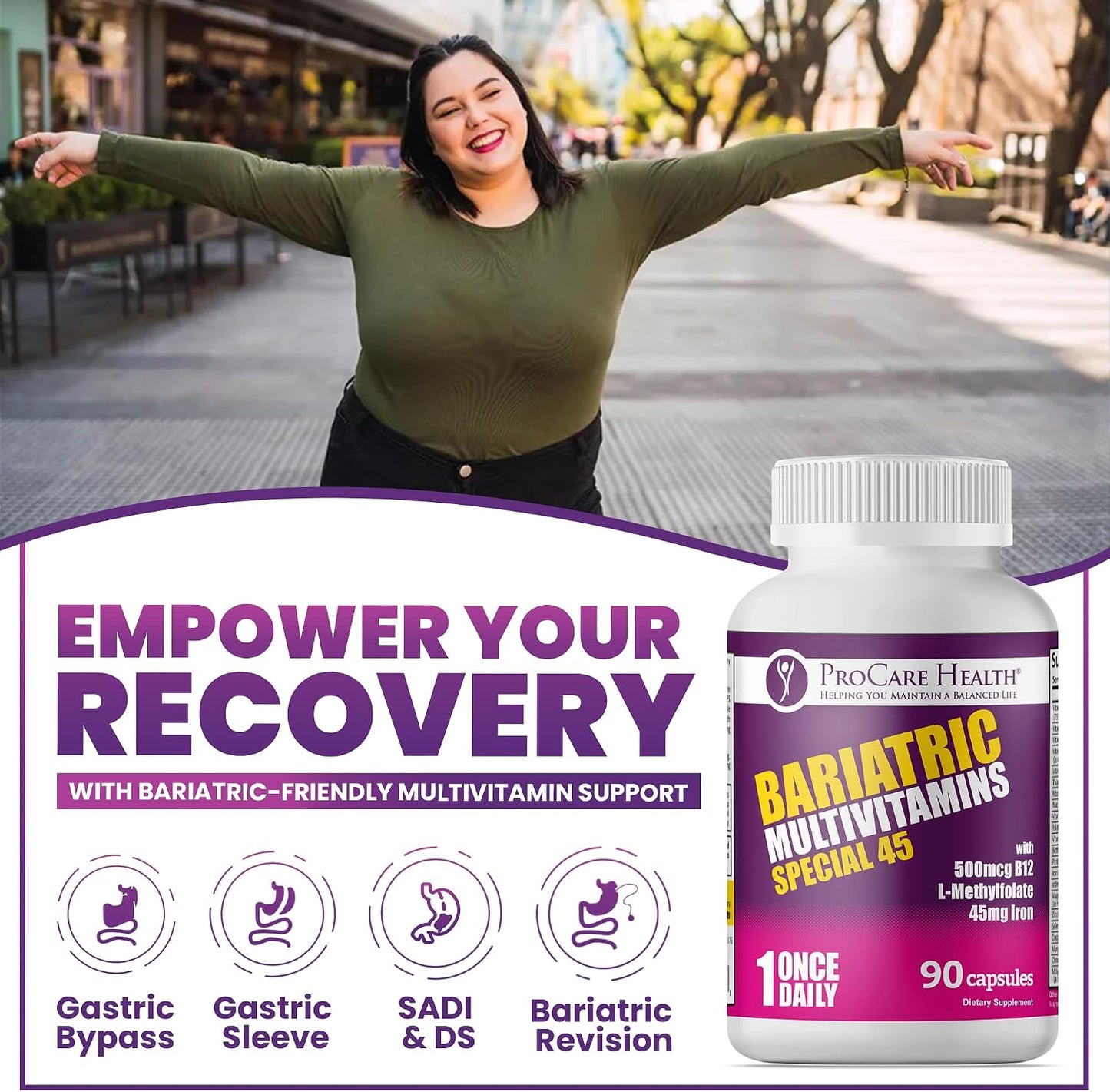 Special-45 Bariatric Multivitamin | Reduced B12 | Capsule | 90ct | Post-Op Bariatric Vitamins for Gastric Bypass, Sleeve, Duodenal Switch & Sustain Recovery (3 Month Supply) - Made in USA