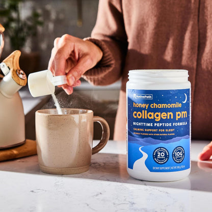 NativePath Collagen PM Honey Chamomile with Melatonin, 20 Servings | Grass-Fed Peptides, Magnesium, GABA & L-Theanine, Supports Restful Sleep, Skin & Hair, No Added Sugar