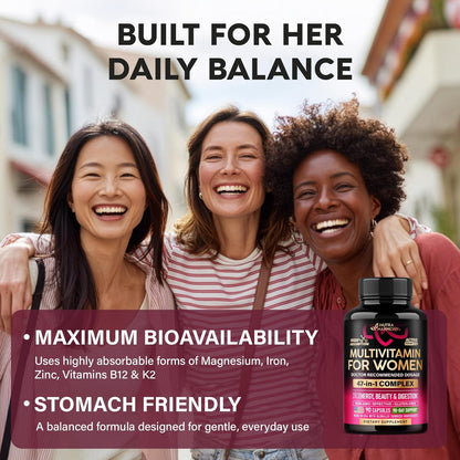 Multivitamin for Women - B-Complex | Whole Foods | Hair Growth Support | Digestion & Metabolism | Iron - 47in1 Womens Multivitamin - Bioavailable & Gentle on Stomach - 90 Capsules, 3 Month Supply