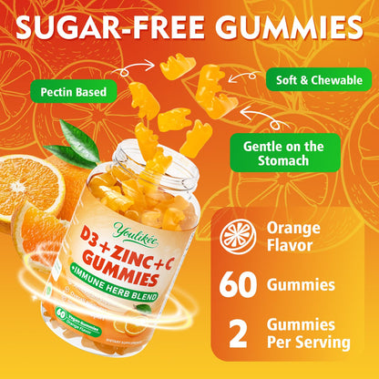Vitamin C + D3 5000IU + Zinc Gummies for Adults, Orange Flavor, 60 Count | Immune Support supplement with Elderberry, Echinacea & Mullein Leaf - Antioxidant Support, Sugar Free