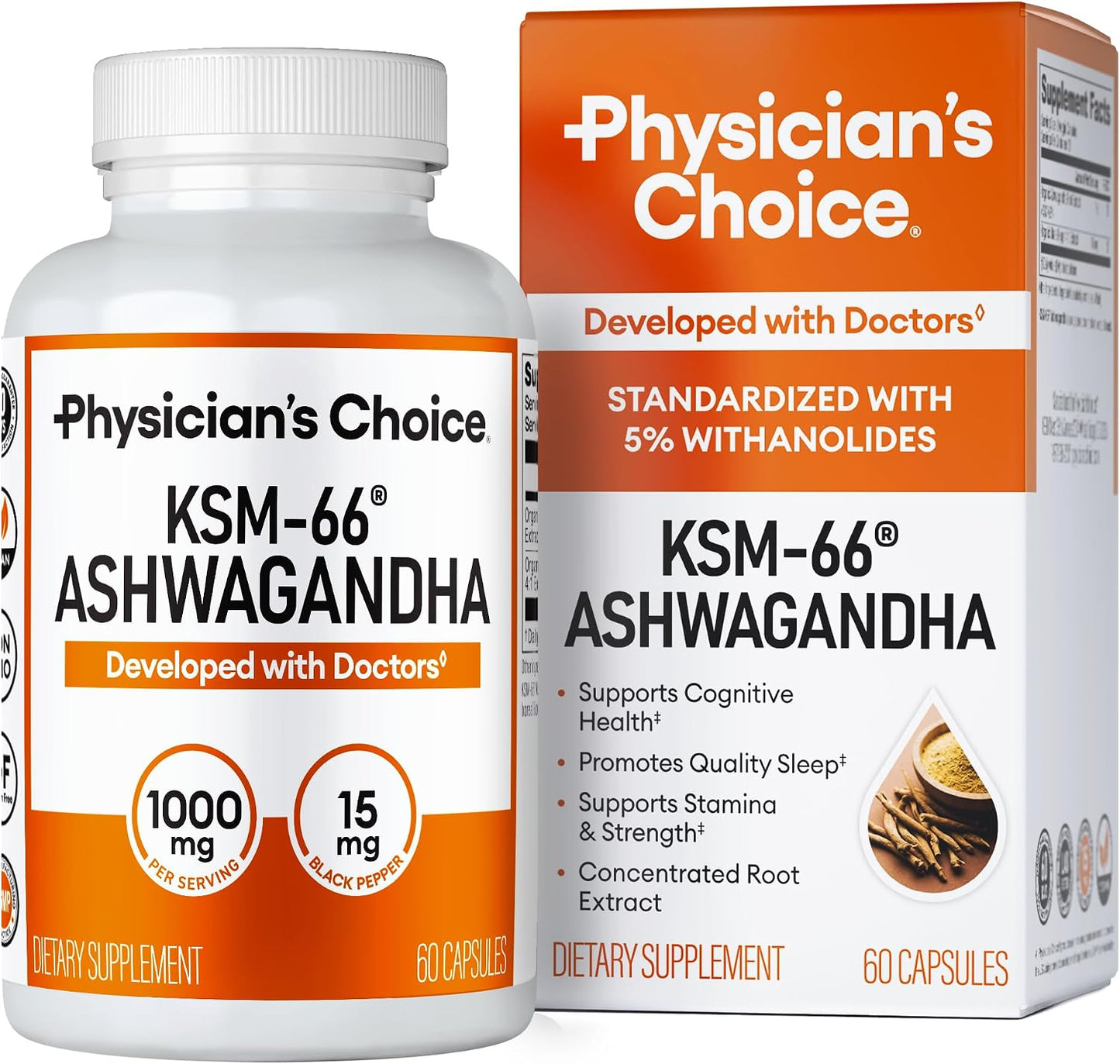 Physician's CHOICE KSM-66 Ashwagandha Root Extract 1,000mg, Organic, 60ct | Stress, Mood & Athletic Support, 5% Withanolides with Black Pepper Extract for Maximum Absorption, Vegan
