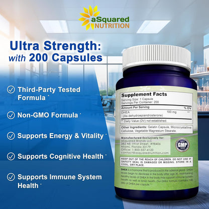 DHEA 100mg Supplement – 200 Capsules – High Potency Dehydroepiandrosterone for Men and Women – Max Strength Pills for Brain Health, Energy, and Immune Function – Formulated in USA, Third-Party Tested