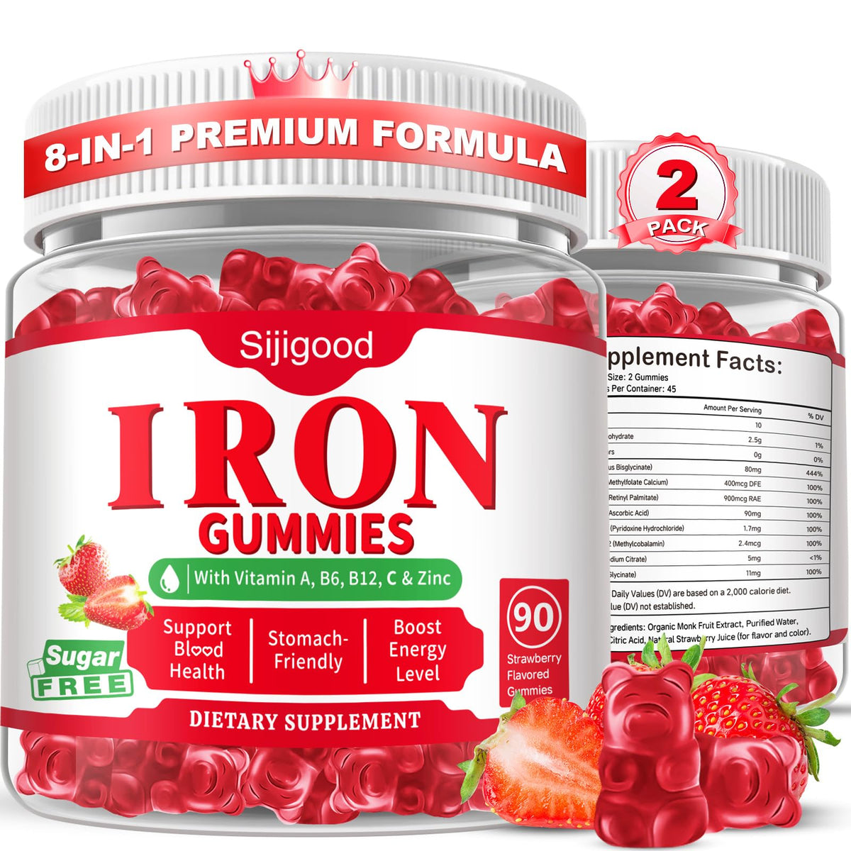 2 Pack Iron Gummies for Women & Men, Iron Supplement, Sugar Free, Vegan | for Anemia & Iron Deficiency, with Vitamin B12, Vitamin C, Zinc, Folate - Energy Boost, Strawberry Flavor, 120 Count