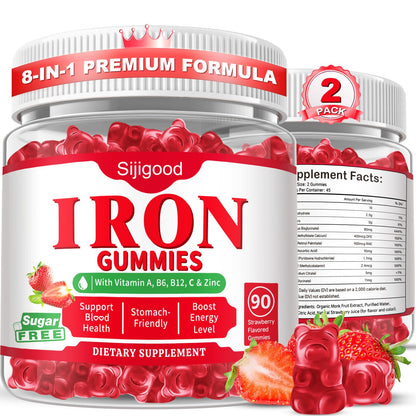 2 Pack Iron Gummies for Women & Men, Iron Supplement, Sugar Free, Vegan | for Anemia & Iron Deficiency, with Vitamin B12, Vitamin C, Zinc, Folate - Energy Boost, Strawberry Flavor, 120 Count