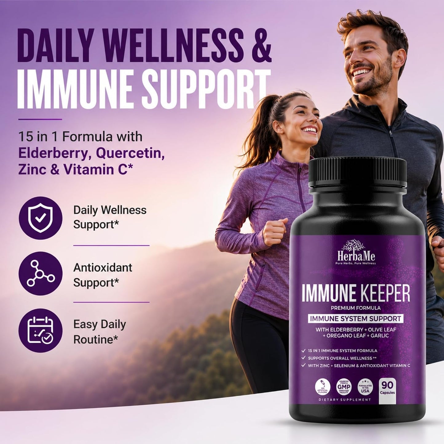 HerbaMe Immune Support Supplement, 15 in 1 Daily Wellness Formula with Elderberry, Quercetin, Zinc, Vitamin C & Selenium, Olive Leaf & Garlic for Men & Women, 90 Capsules