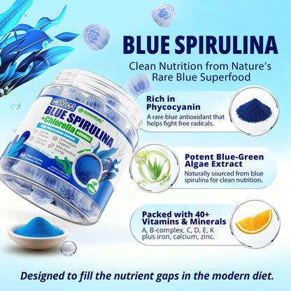 Organic Blue Spirulina Gummies, High Phycocyanin from Nutrient-Rich Blue-Green Algae for Antioxidants, Cellular Energy & Cleanse, Superfood w/Chlorella, CoQ10 & VC,Taurine,Green Tea, Sugar Free, 60 Ct