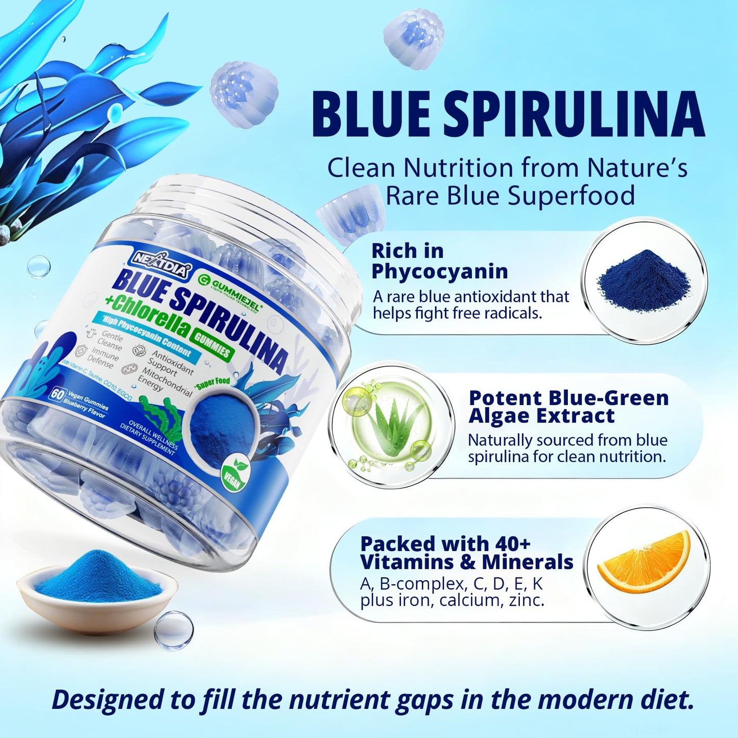 Organic Blue Spirulina Gummies, High Phycocyanin from Nutrient-Rich Blue-Green Algae for Antioxidants, Cellular Energy & Cleanse, Superfood w/Chlorella, CoQ10 & VC,Taurine,Green Tea, Sugar Free, 60 Ct