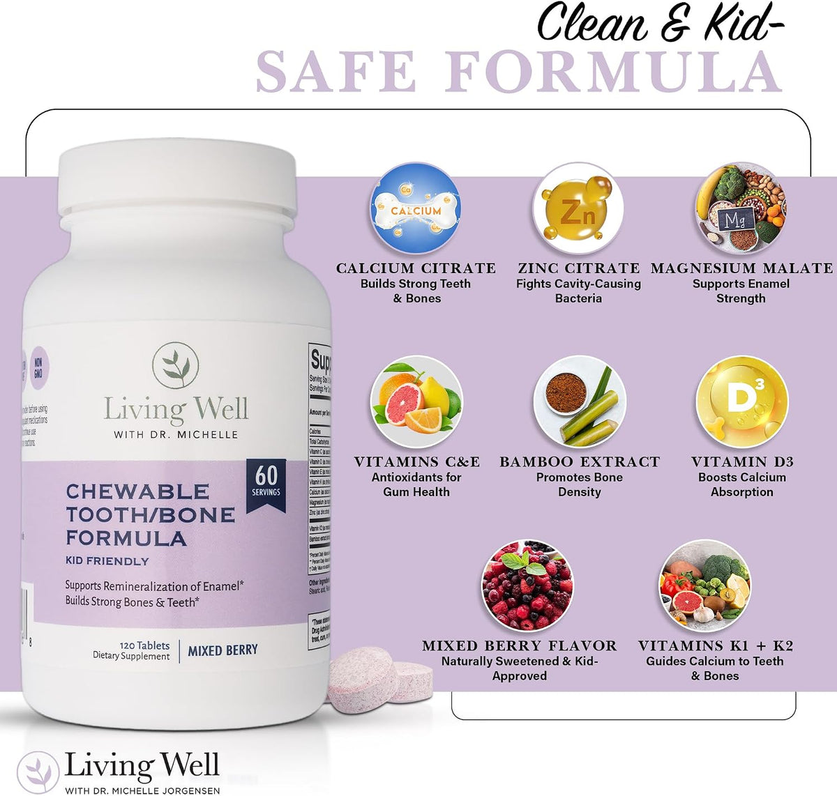 Living Well Kids Calcium and Tooth Support Chewable, Berry, with D3 + K2