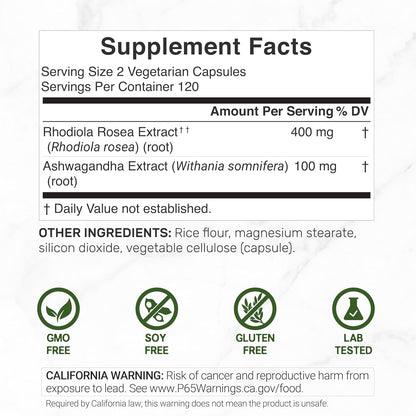 DEAL SUPPLEMENT Rhodiola Rosea with Ashwagandha, 240 Veggie Capsules – Rhodiola Rosea Supplement – Rhodiola & Ashwagandha Blend – Non-GMO