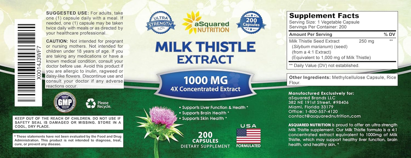 Milk Thistle Supplement - 200 Capsules - Silymarin Extract for Liver Detox | 4X Concentrated Extract - 4:1 Milk Thistle Seed Powder Herb Pills - Support Liver Cleanse - 250mg Per Capsule