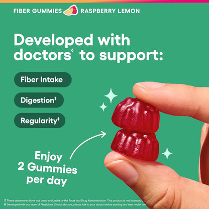 Physician's CHOICE Fiber Gummies for GLP-1 Support - No Sugar Added & Vegan - Raspberry Lemon - Natural Chicory Root Prebiotic Fiber Gummy - Digestive Health & Regularity for Women & Men - 60CT